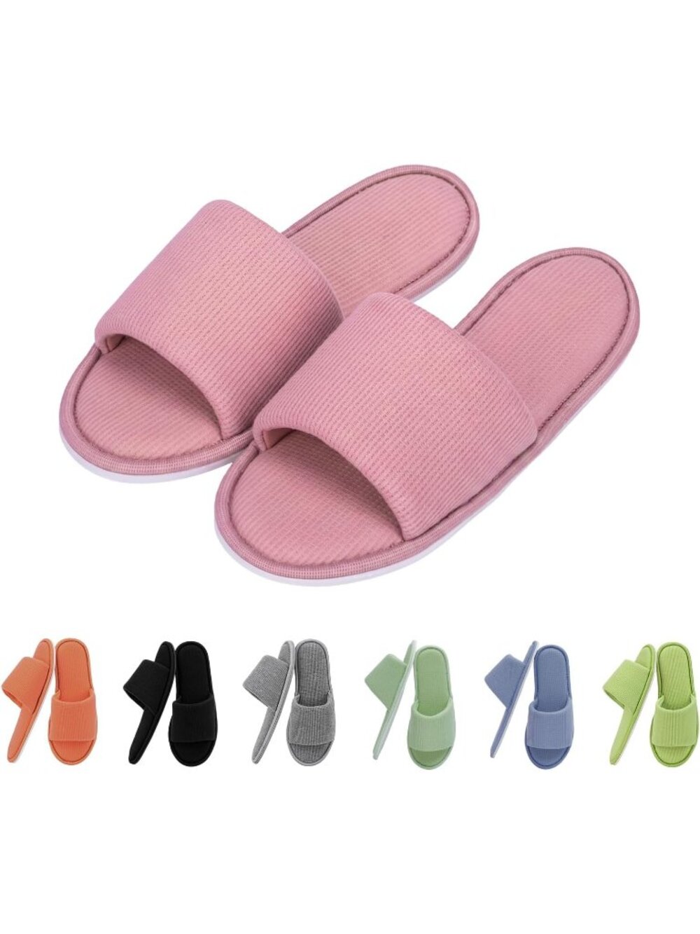 Women's Pink Waffle Fabric Memory Foam Cushioning Slip-On Open Toe Slippers